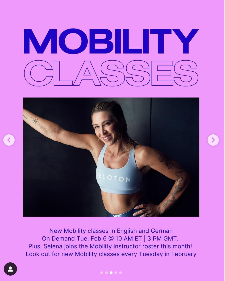 This Week at Peloton Instagram post teasing Selena Samuela as new mobility instructor. Image credit Peloton social media.
